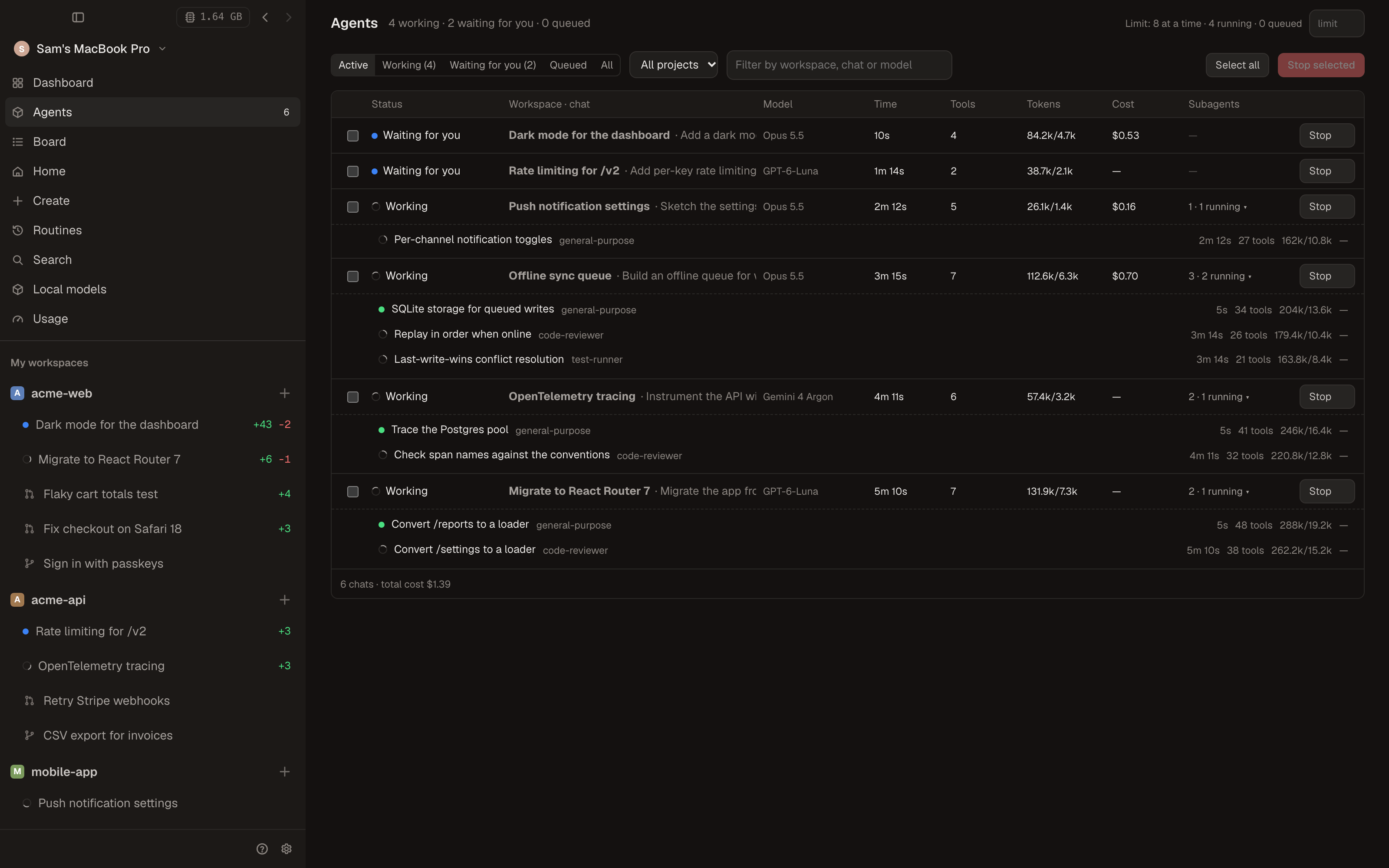 Agents panel: every running chat across workspaces, with subagent trees, tokens and cost