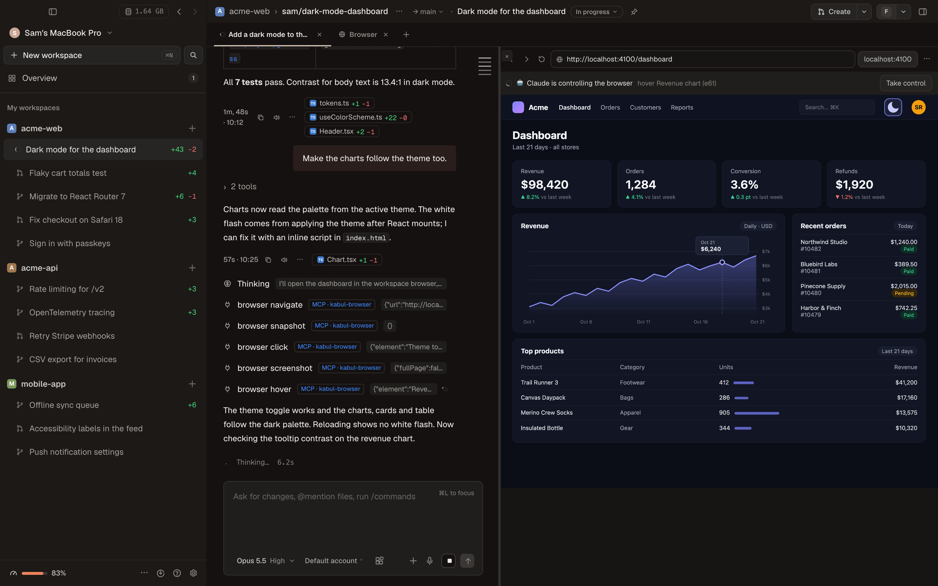 The Browser tab split with the chat: Claude checks dark mode on a local dashboard through kabul-browser, with "Claude is controlling the browser" and Take control