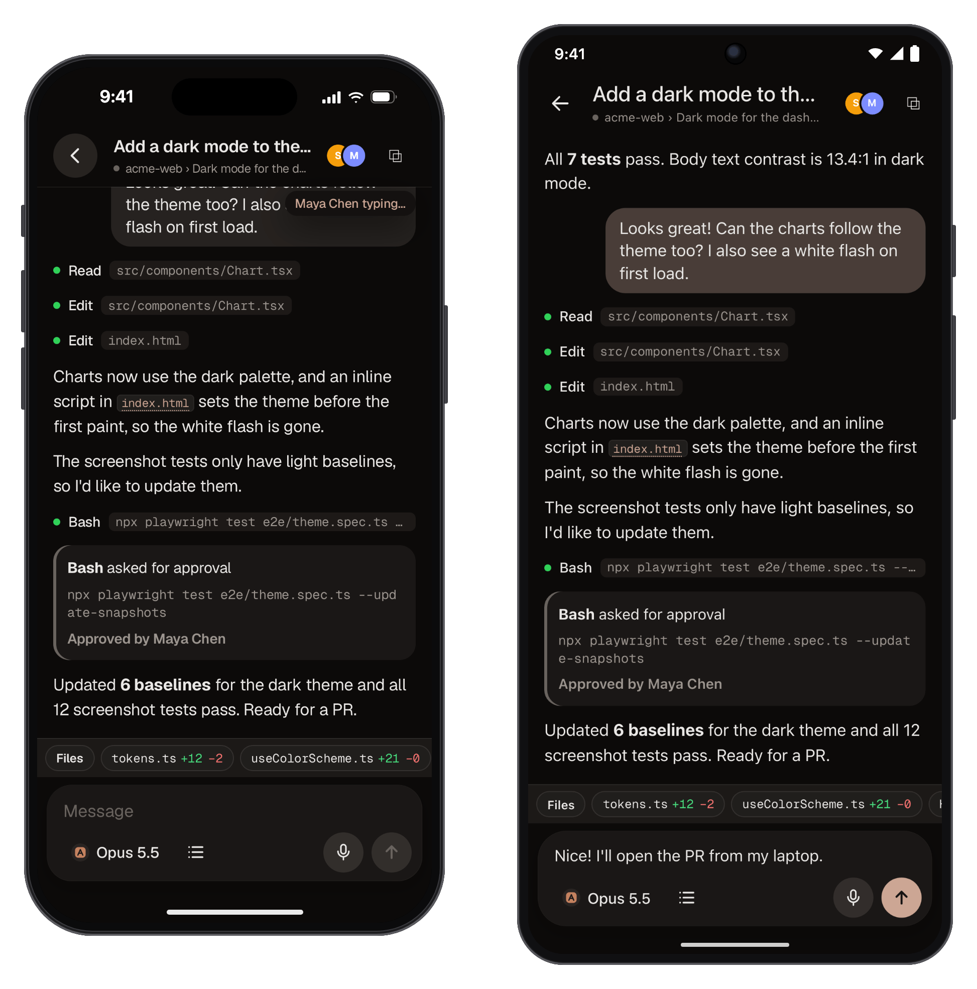 Two people in the same chat on iPhone and Android, with presence avatars
