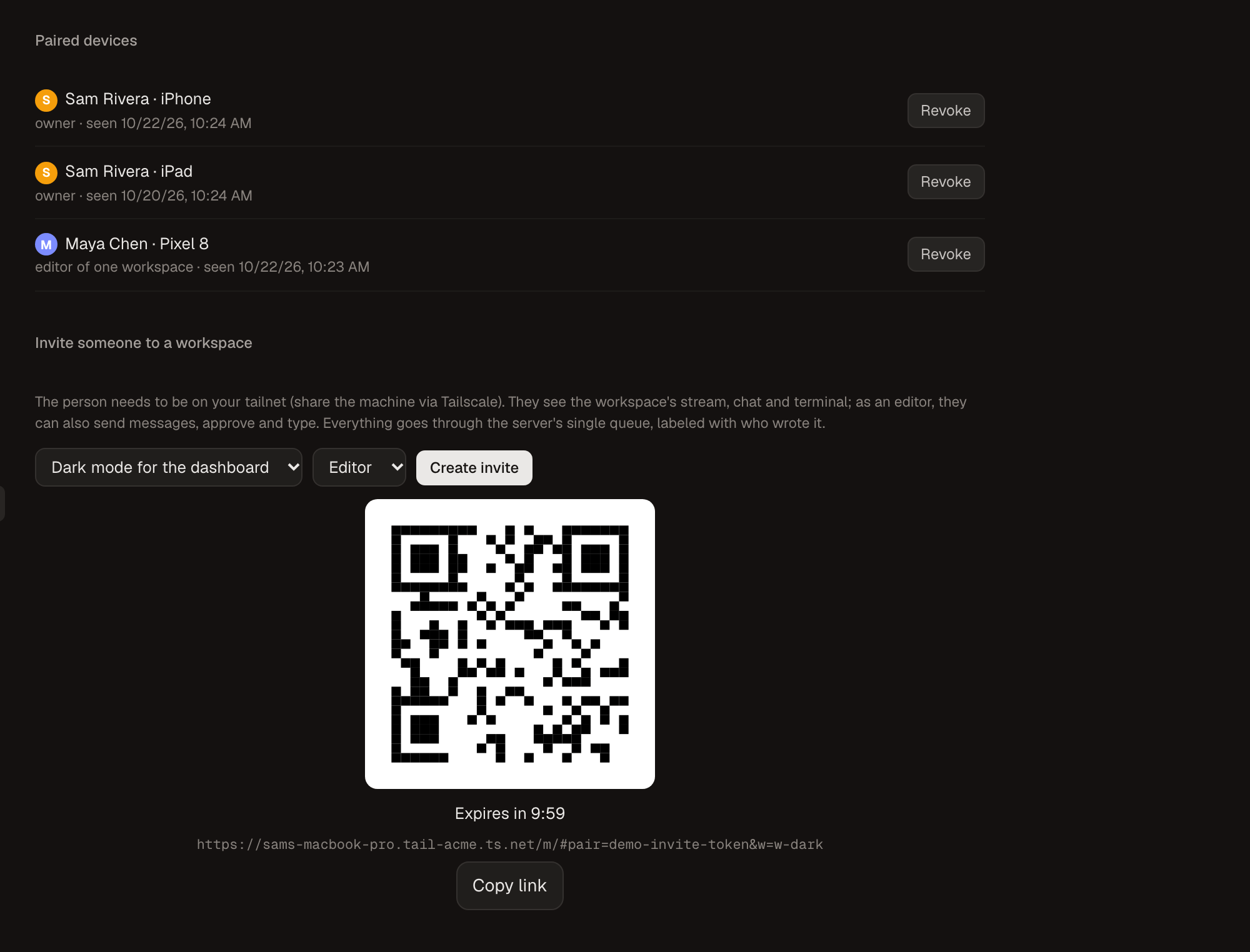 Paired devices for two people and an editor invite with a QR code