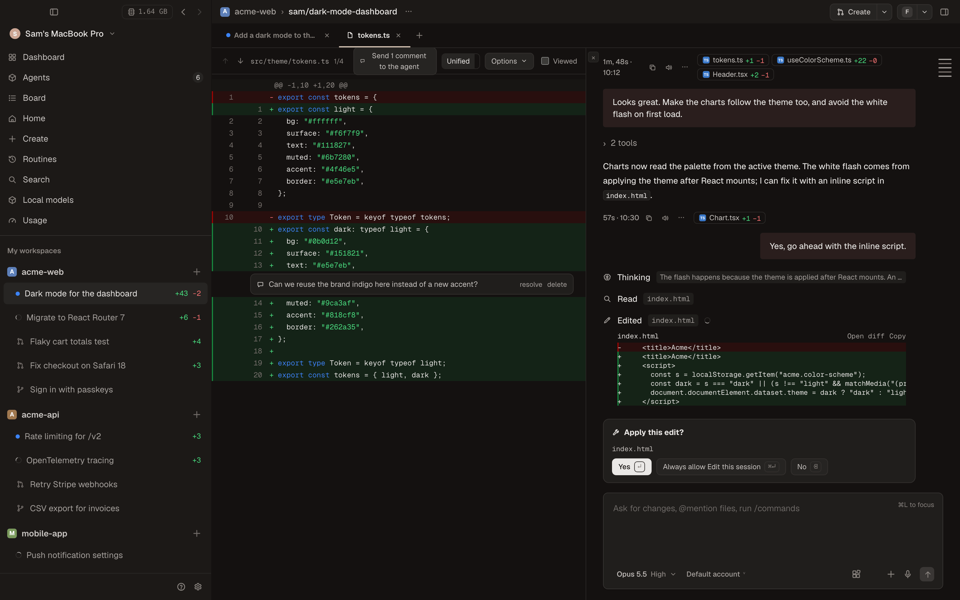 Kabul: parallel workspaces, a diff with a line comment and the chat waiting for an approval