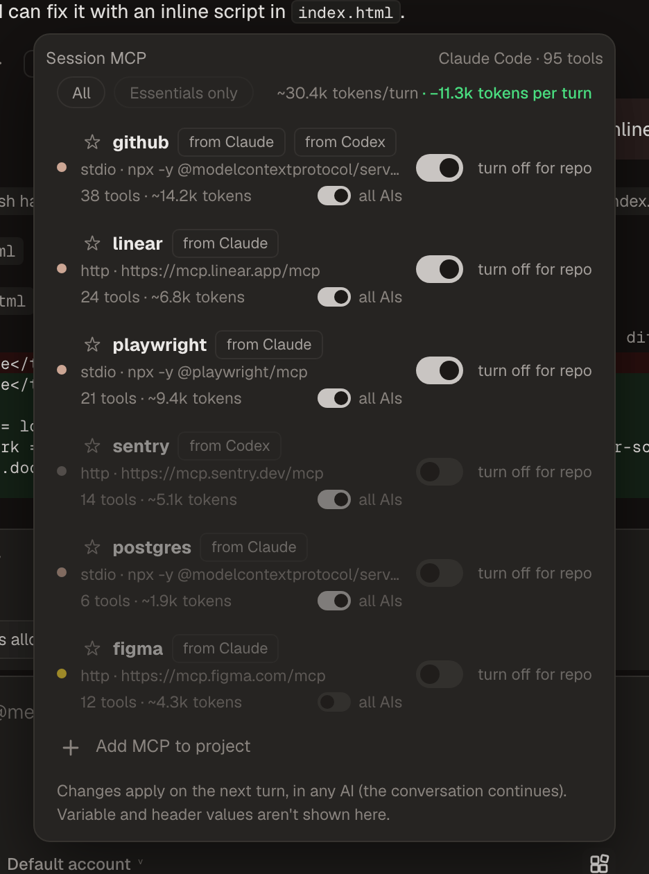 Session MCP panel with tools and tokens per server and the tokens saved per turn