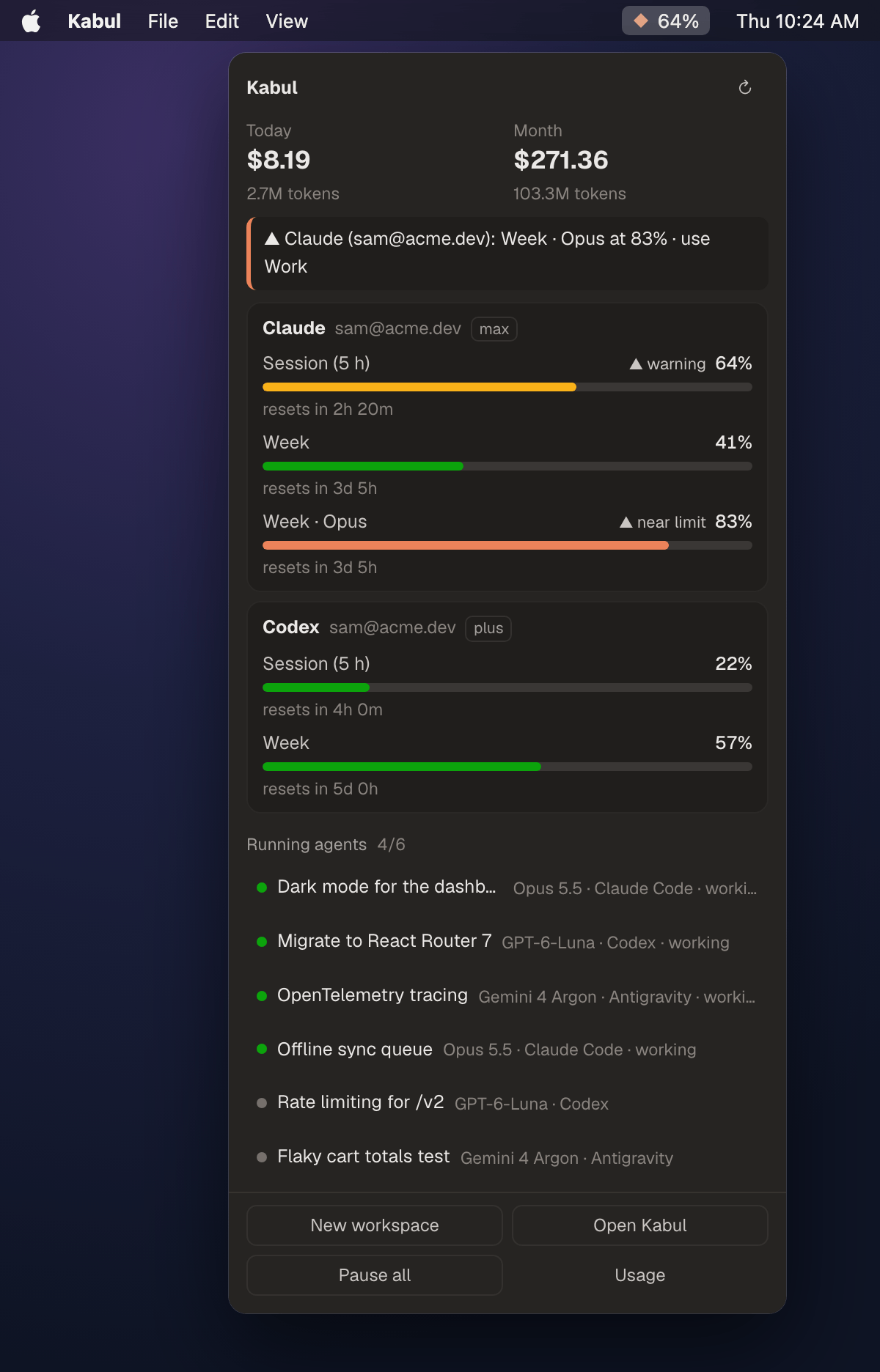 Menu bar popover with spend, limits and running agents