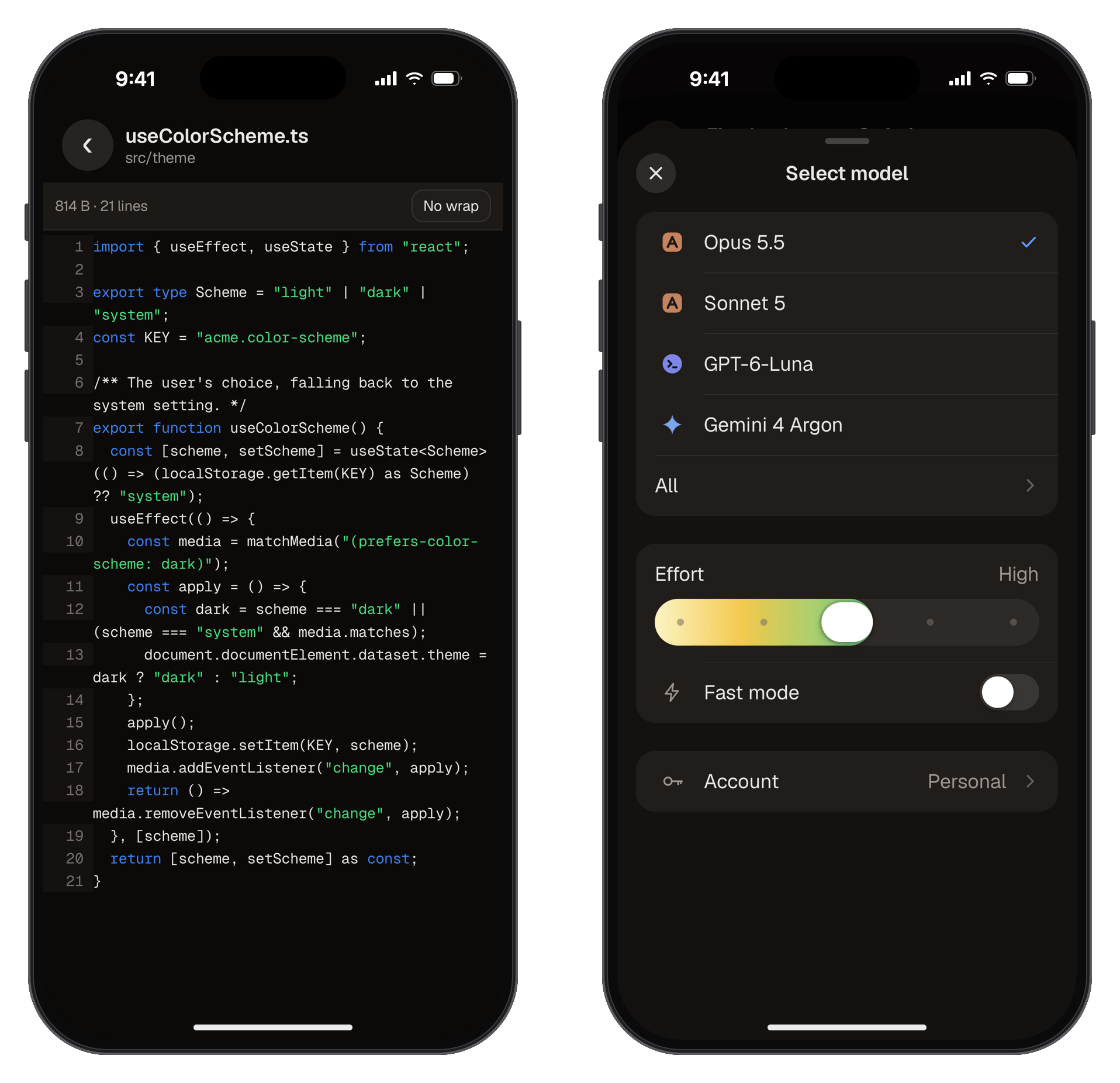Phone: file preview and model picker
