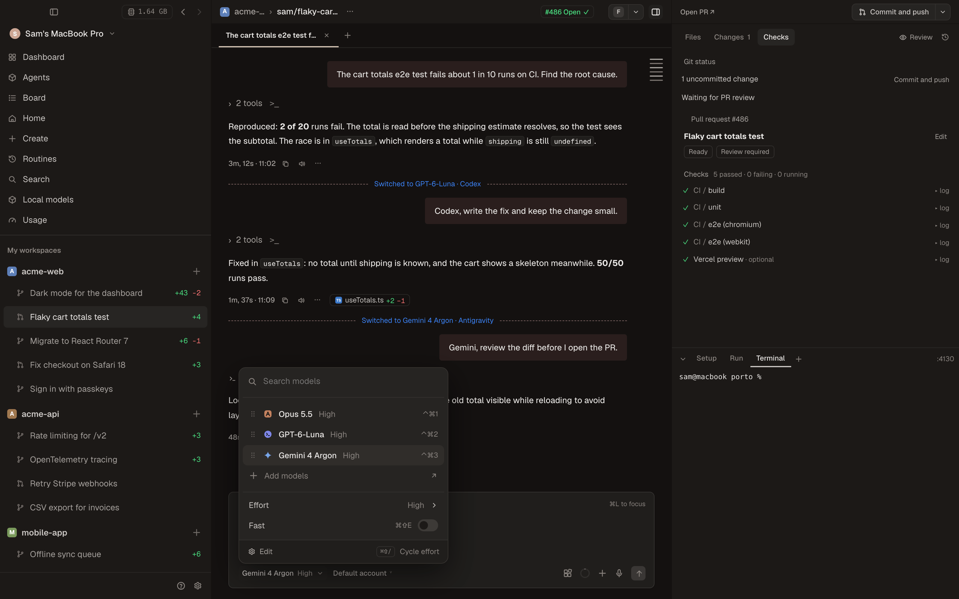 Model picker with Claude, GPT and Gemini in the same chat