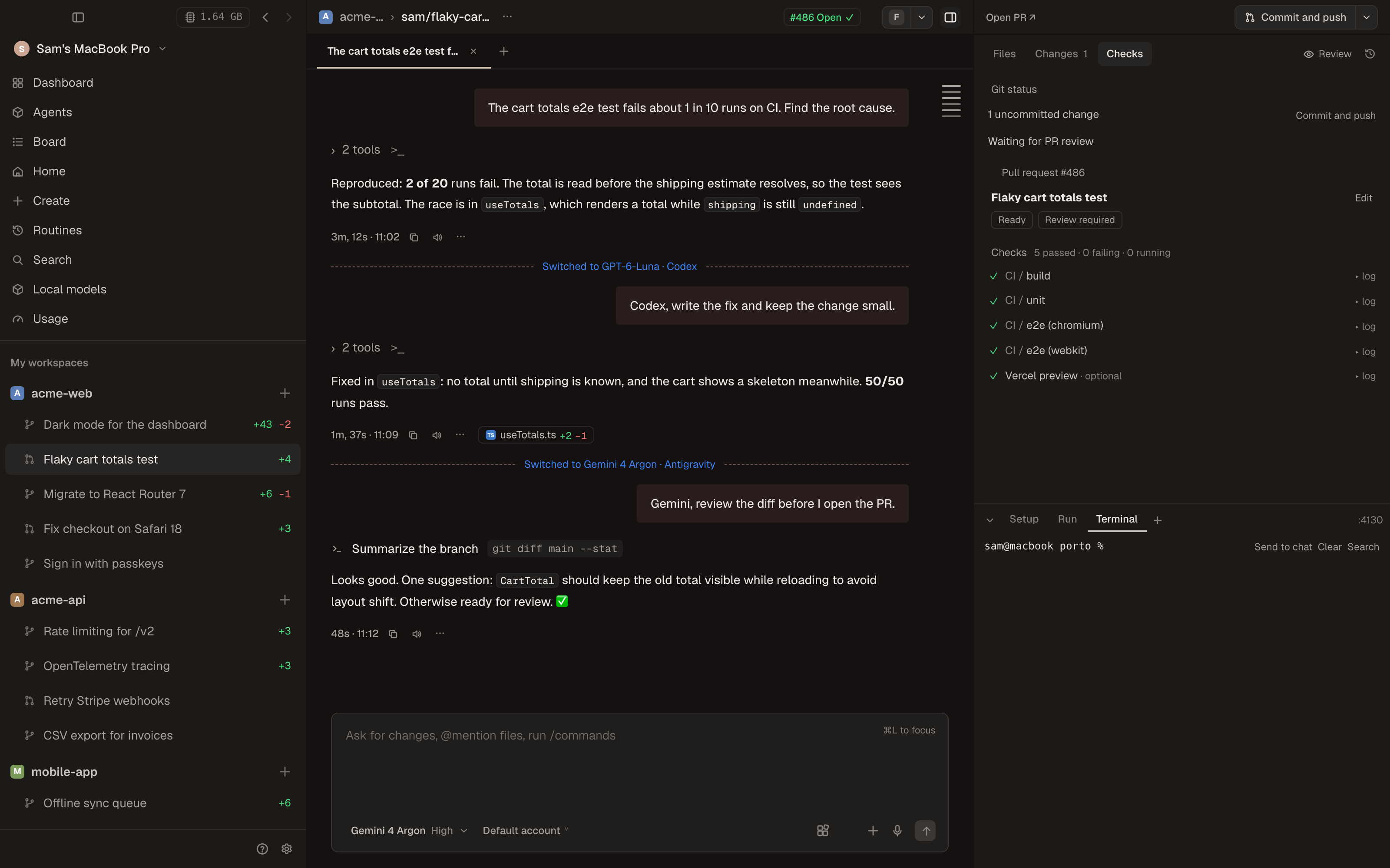 One conversation that went from Claude Code to Codex to Antigravity, with a divider at each switch