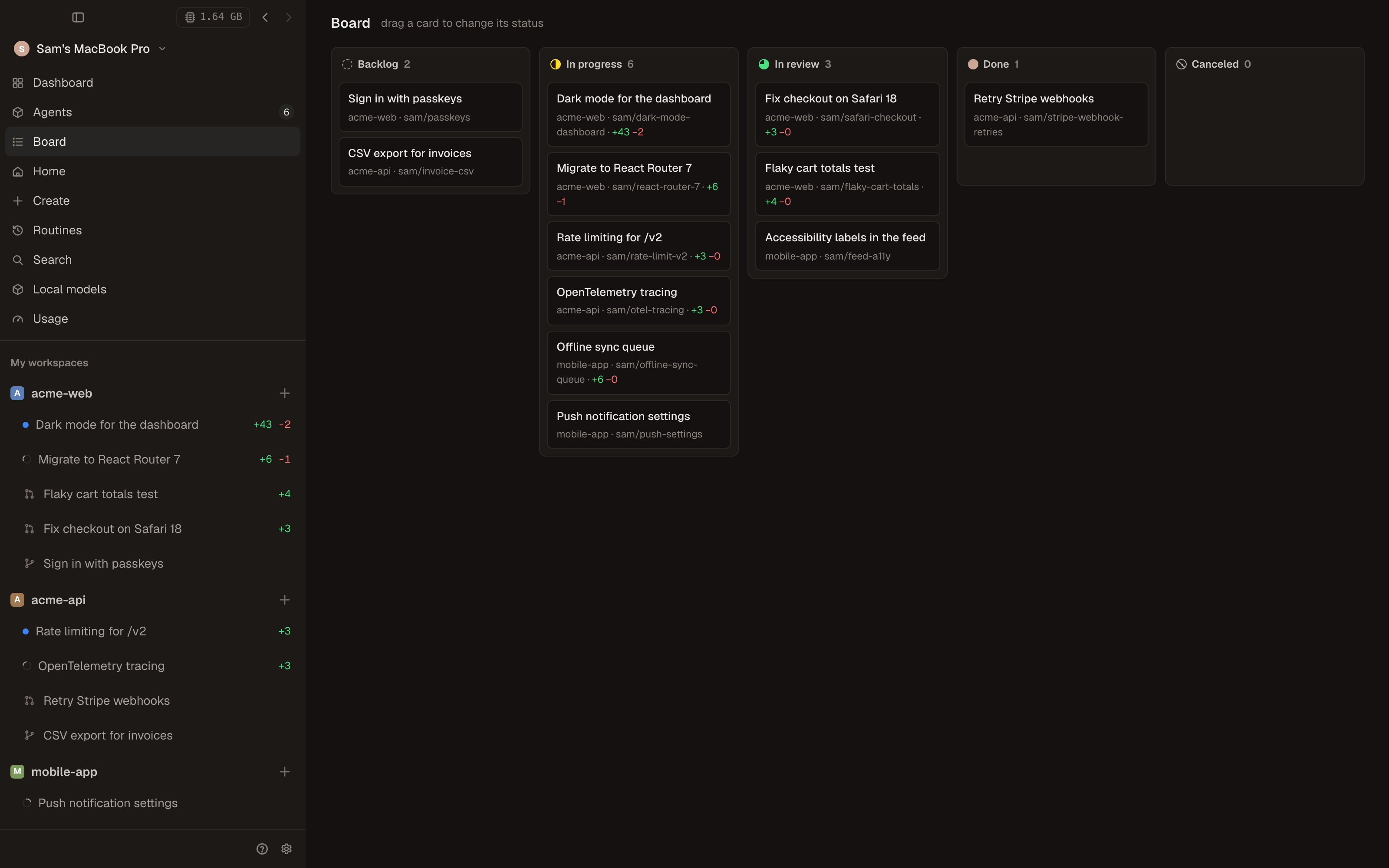 Board with workspaces by status