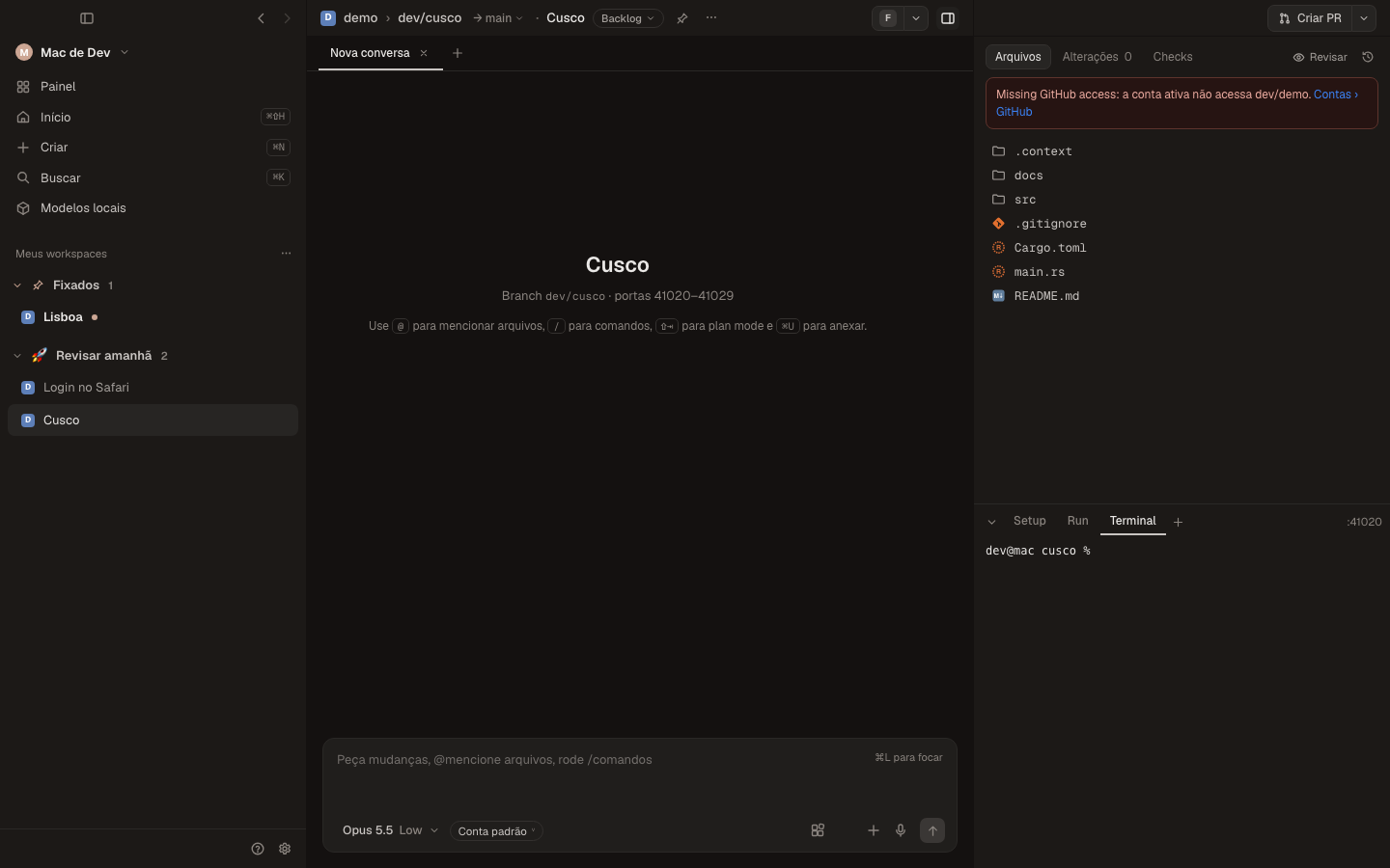 Sidebar with sections, pinned workspaces and statuses